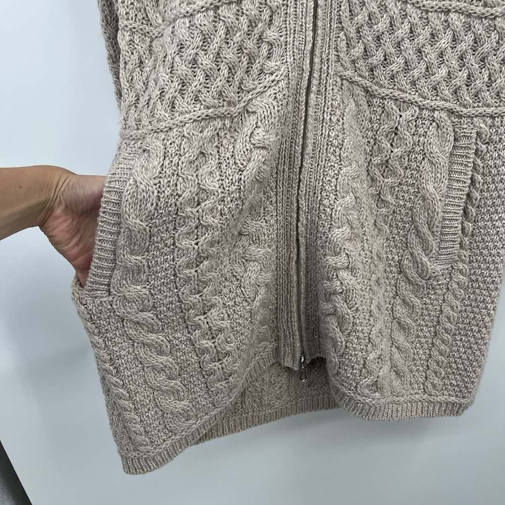 inis crafts merino 100% wool Sweater L Tan Long Full Zip Cable Knit Ireland Boho - Picture 5 of 12